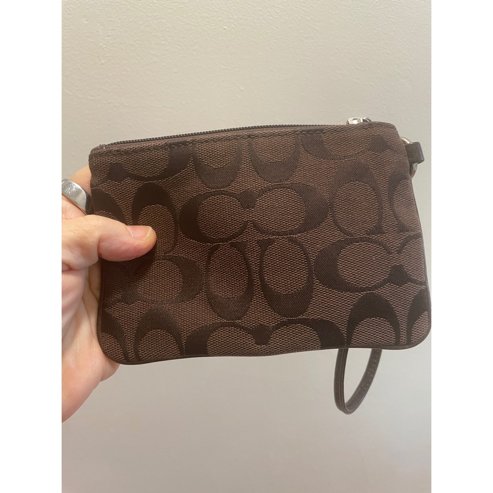 Coach Wristlet Signature Jacquard Dark Brown Canvas Leather Trim - Picture 3 of 5